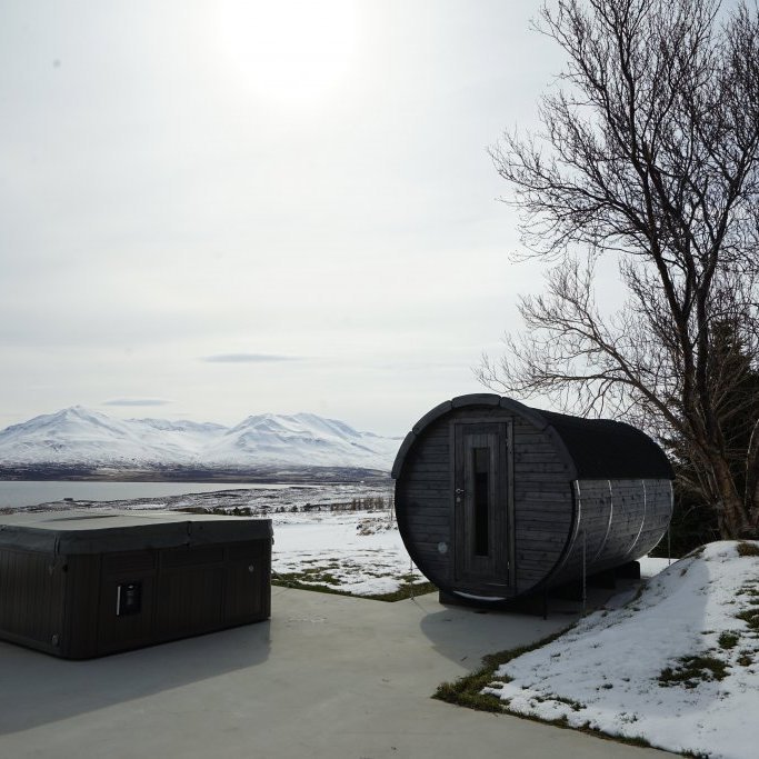 Outside Sauna and Hot tub for guests to enjoy after a full day of touring.