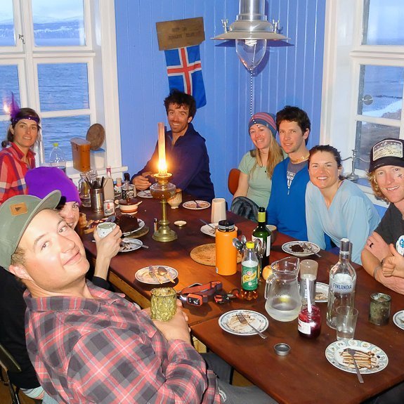 The  group enjoying a delicious meal after a day of touring and riding.